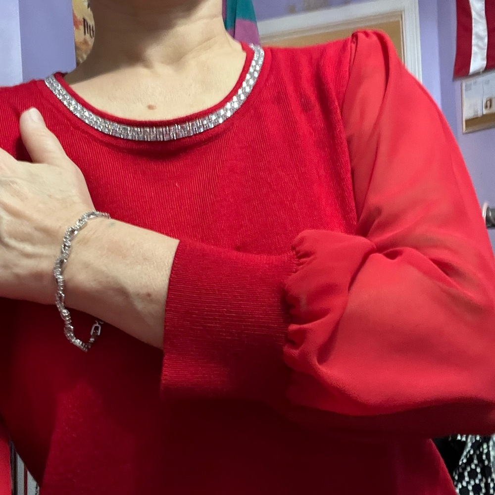 89th Madison red blouse or soft sweater cow neck would rhinestone